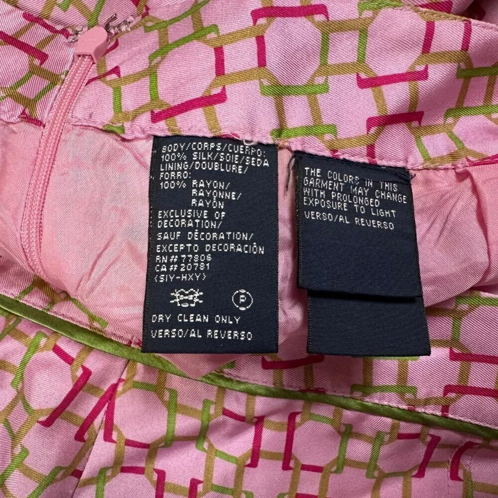 Tommy Hilfiger Y2K Pleated Pink Green Logo 100% Silk Skirt Women's 12